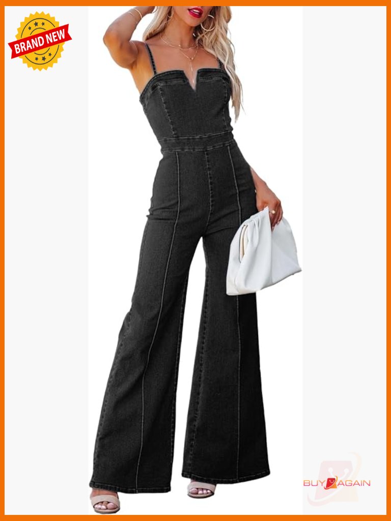 Women's Denim Jumpsuit Spaghetti Straps Sleeveless V Neck Wide Leg Flared Full